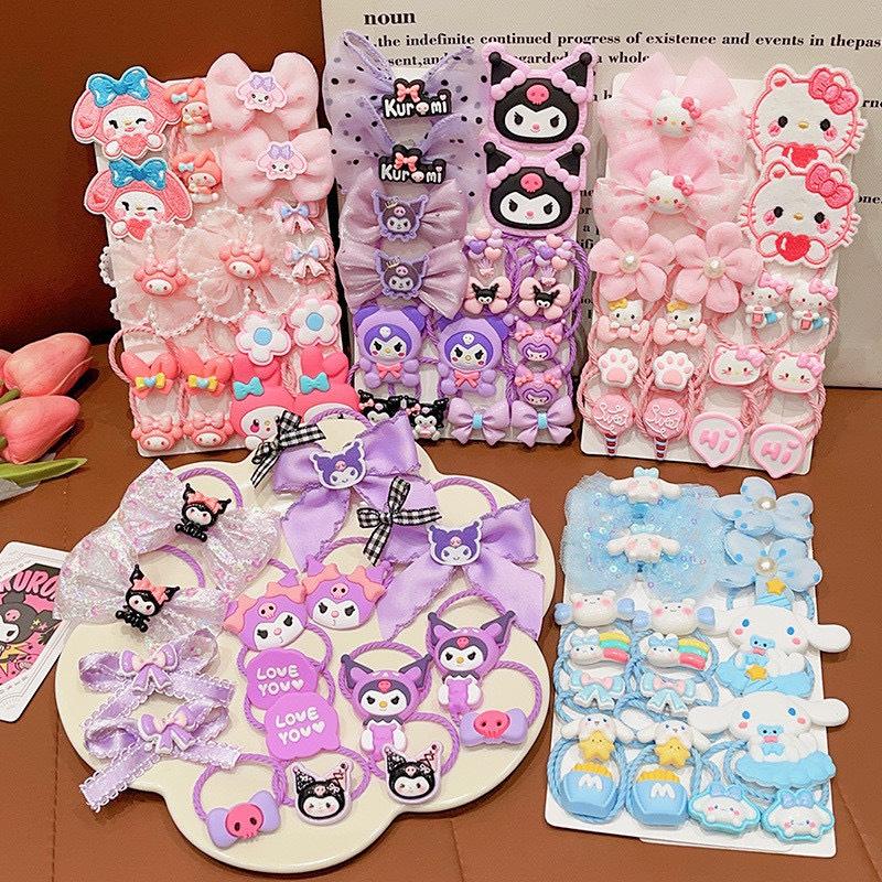 Set 18 thun cột tóc xoắn cho bé siêu dai đính charm hoạt hình Sanrio Kuromi Gấu dâu Dumi Shop
