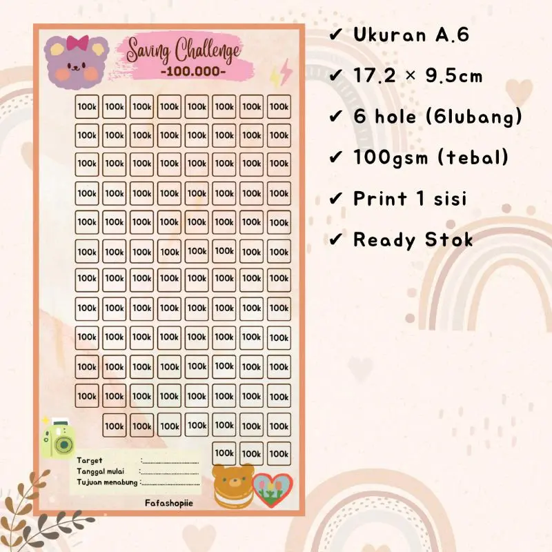Saving Challenge A6 Ring 6 Lubang / Isi 6 Lembar Bundle 6 Pcs Sticker 5