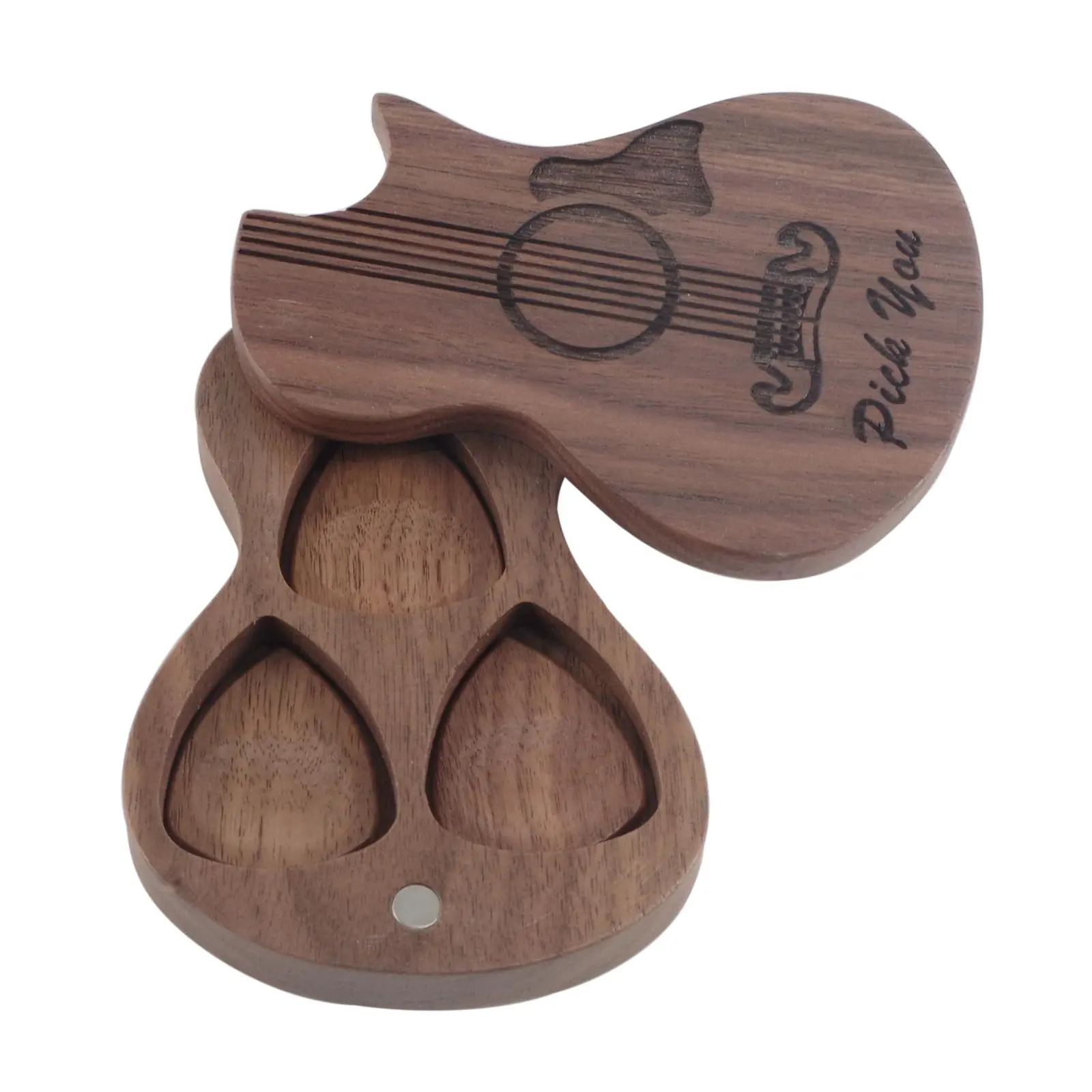 Wooden Guitar Shaped Pick Box, Guitar Pick Holder with 3 Counts Pick Slot, Rotatable Pick Holder, Music Accessories for Guitar & Bass