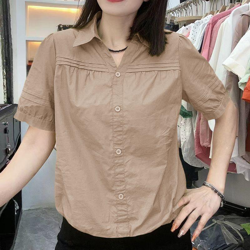 Áo Sơ Mi ngắn Tay Xếp Ly Phong Cách Trung Quốc Mới, Áo Sơ Mi Ngắn Eo, Hàng Mới Về Mùa Hè, Cổ Áo bẻ xuống Mỏng, Áo Bó Sát Dáng Rộng Rãi, Dành Cho Nữ 1