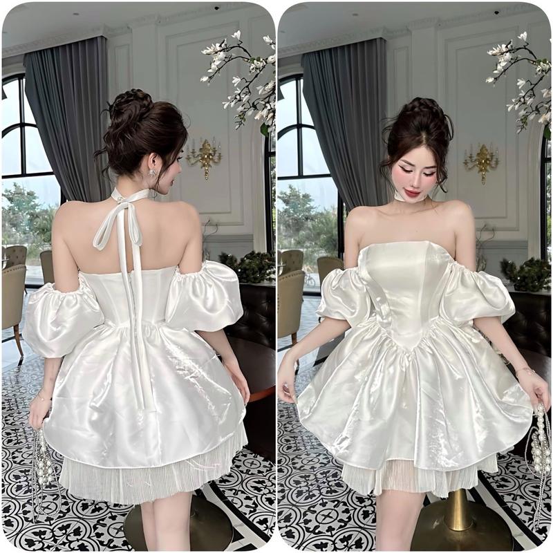 Váy Công Chúa Tay Bồng Chất Tafta Cúp Nguc Trễ Vai Dáng Xoè Dập Ly Kèm Vòng Cổ Nơ