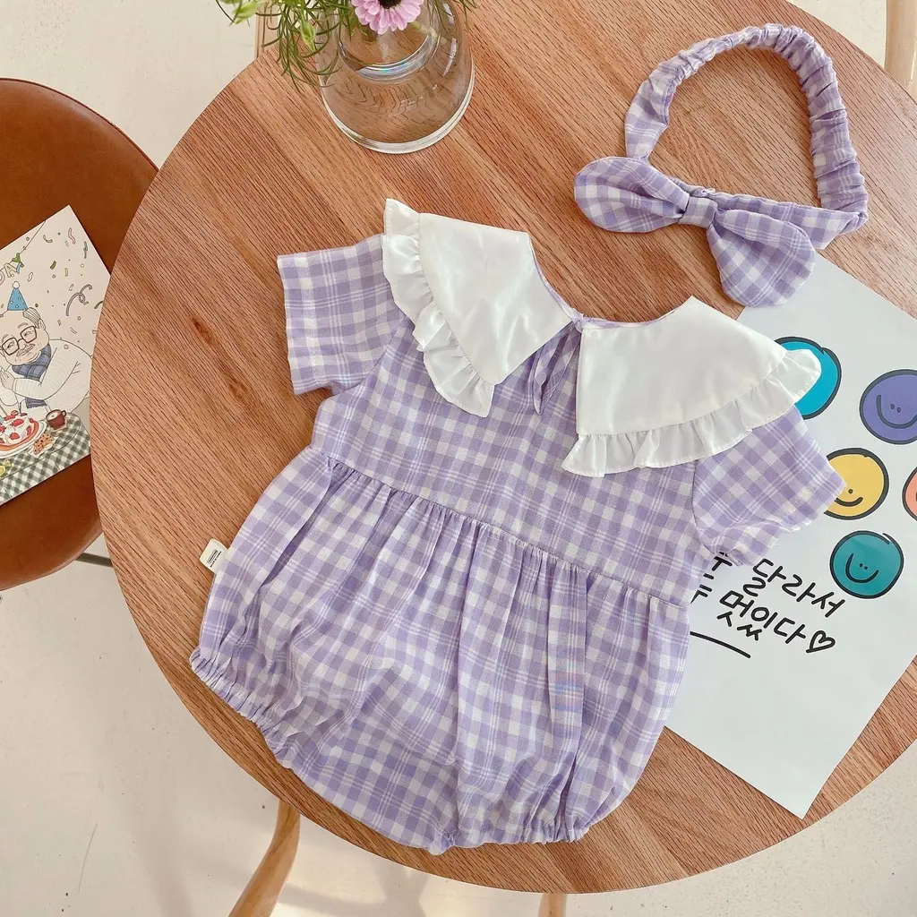Cute Baby Girl Jumpsuit Motif Kotak Free Aksesoris Kepala