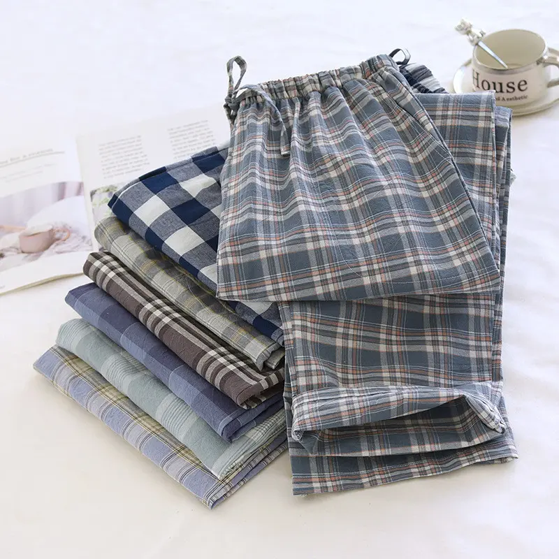 Men Pajama Pants Japanese Style Plaid Washed Cotton Trousers Pure Cotton Elastic Waist Style Casual Pants Can Be Worn Outside