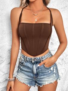 Women's Backless Corset Crop Cami Top, Summer Clothes Women, Sleeveless Asymmetrical Hem Tie Back Halter Crop Top, Trendy Halter Tops for Party