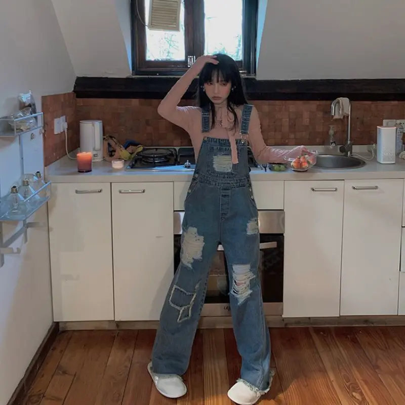 XJ0077 Retro Overall Denim Robek Wanita Pinggang Tinggi Retro Mengepel Celana Lebar Kaki Jeans Panjang Pendek Biru Hitam
