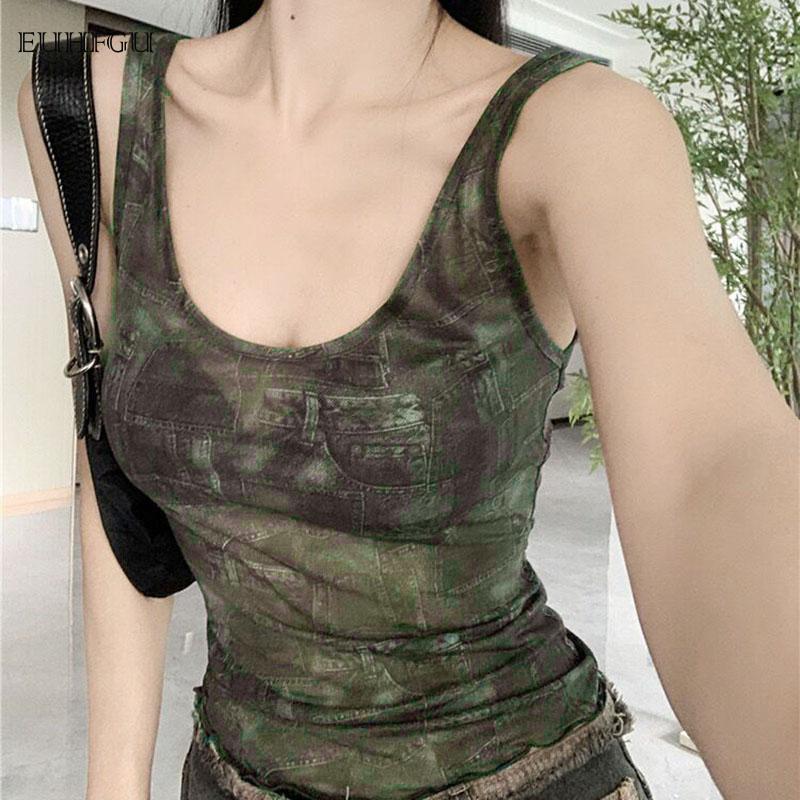 Product Introduction of Women's Summer Fashion Slim Cropped Top Sleeveless U-neck Backless Retro Pattern Printed Vest Simple Versatile Fabric Soft 30
