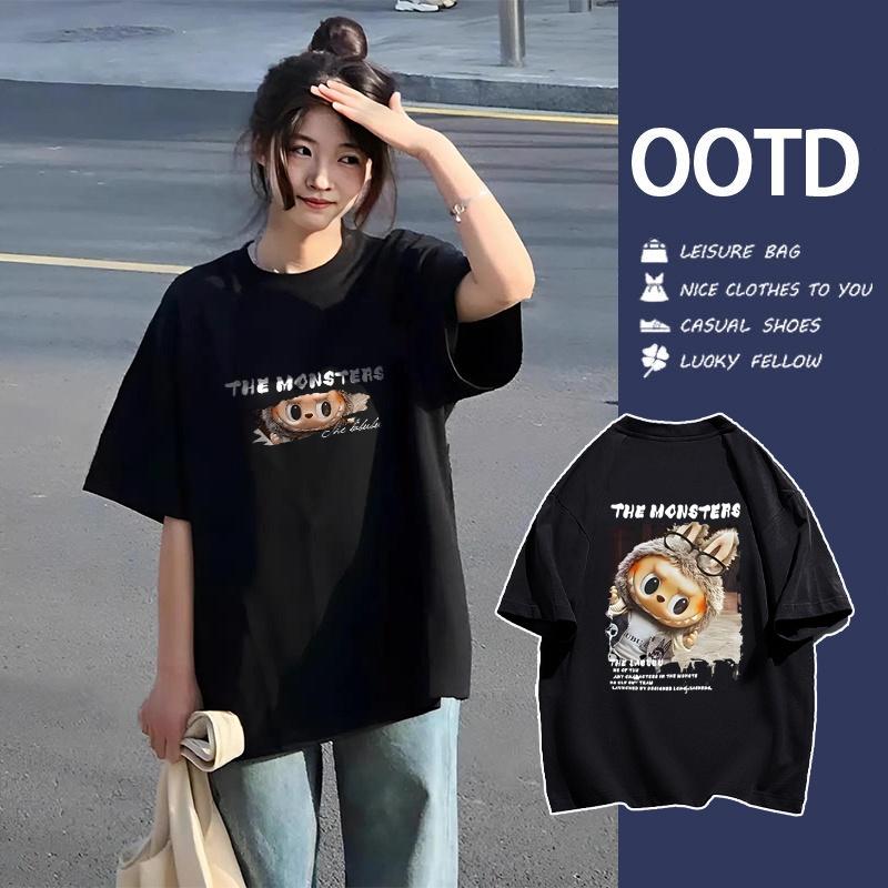 Hình in Labubu Lém Lỉnh Áo phông cotton Hàn Quốc unisex oversize mùa hè cổ tròn form rộng co giãn áo thun phong cách tay lỡ dáng rộng thoáng mát cho nam nữ dễ phối #147-148