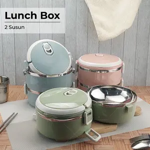 Rantang lunch box 2 susun polos lucu elegan tempat bekel makanan Hijau Stainless
