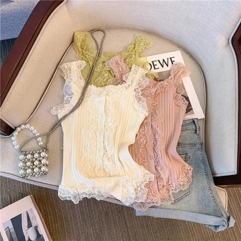 Lace Patchwork Knitting Camisole Women's Summer New High-Grade Slim Fit Outer Wear Inner Wear Short Top