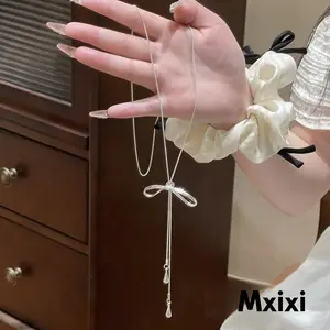 [Mxixi] Kalung Warna Perak Panjang Desain Tarik Bentuk Pita Dasar Hiasan Tetesan Cocok Semua Gaya Q102