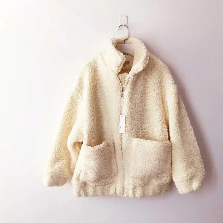 Sweater Wanita Jaket Bulu Sherpa Coat Saku Zipper Winter Tebal Fit Parka Outer Oversize