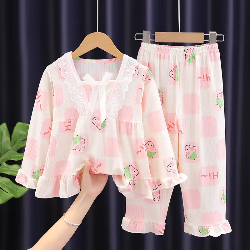 Bộ Đồ Ngủ Bé Gái, Cho Trẻ Em Bé Gái, Phong Cách Mùa Xuân Và Mùa Thu, Áo Dài Tay, Đồ Mặc Nhà Thoải Mái Và Thường Ngày Thiết Kế Hoạt Hình Hàn Quốc, Thích Hợp Cho Bé Gái, Bộ Đồ Ngủ