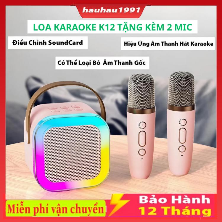 Loa Bluetooth Mini K12 Không Dây - Hát Karaoke Cực Đỉnh Âm Thanh Siêu Trong Bass Mạnh Kèm 2 Mic Hát