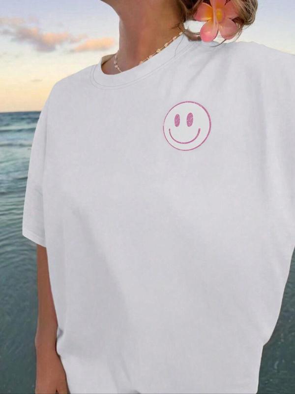 Women's Cartoon Smile Face & Floral Print Drop Shoulder Tee, Casual Half Sleeve Round Neck T-Shirt for Summer, Fashion Women's Top for Daily Wear 1