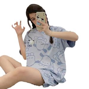 ชุดนอนสตรีฤดูใบไม้ร่วง สไตล์เกาหลี แขนสั้น กางเกงขาสั้น คอกลม ทรงหลวม พลัสไซส์ ชุดอยู่บ้าน ชุดสองชิ้น ใส่สบาย ลายการ์ตูน