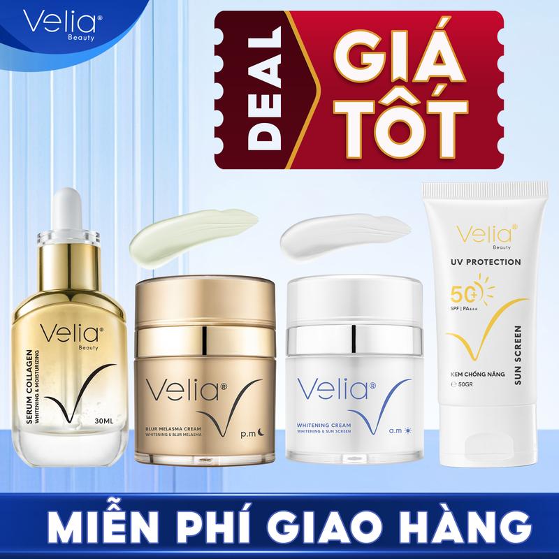 [ #40 DEAL GIÁ TỐT ] Bộ 04 Kem Cải Thiện Nám, Kem Trắng Da, Serum Collagen, Kem Chống Nắng VELIA Skincare