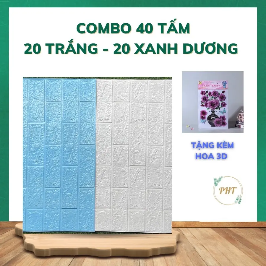 Combo 40 tấm Xốp dán tường dán tường trắng xanh kt 70x40 (Tặng 1 hoa 3d)