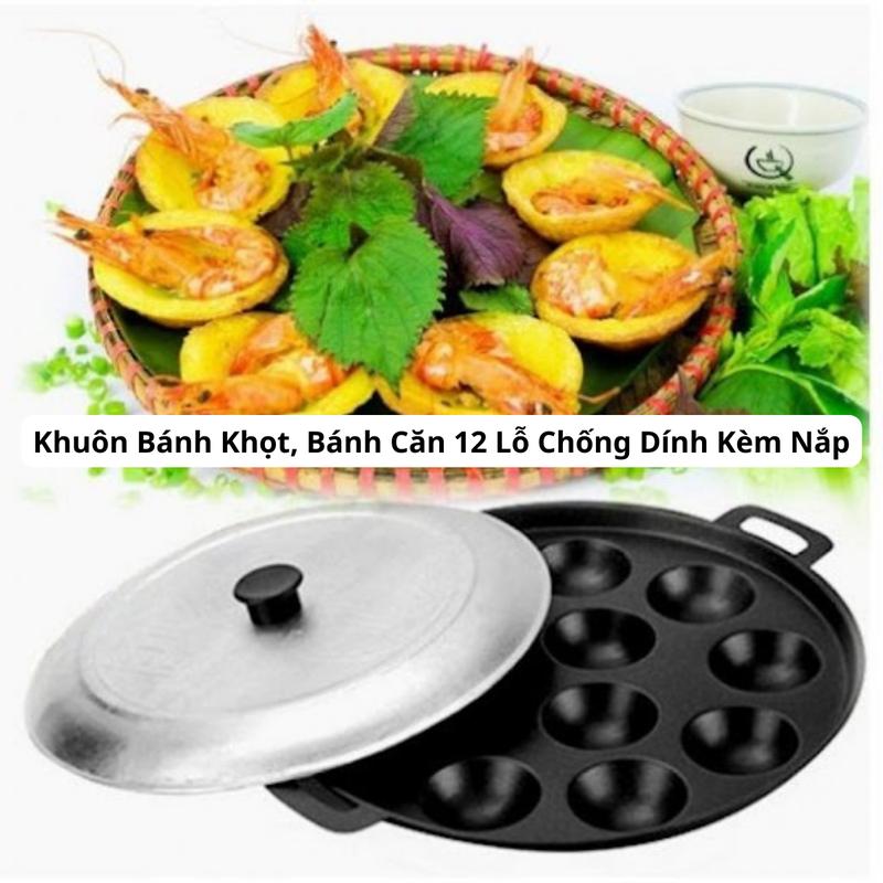Khuôn Bánh Khọt, Bánh Căn 12 Lỗ Chống Dính Kèm Nắp