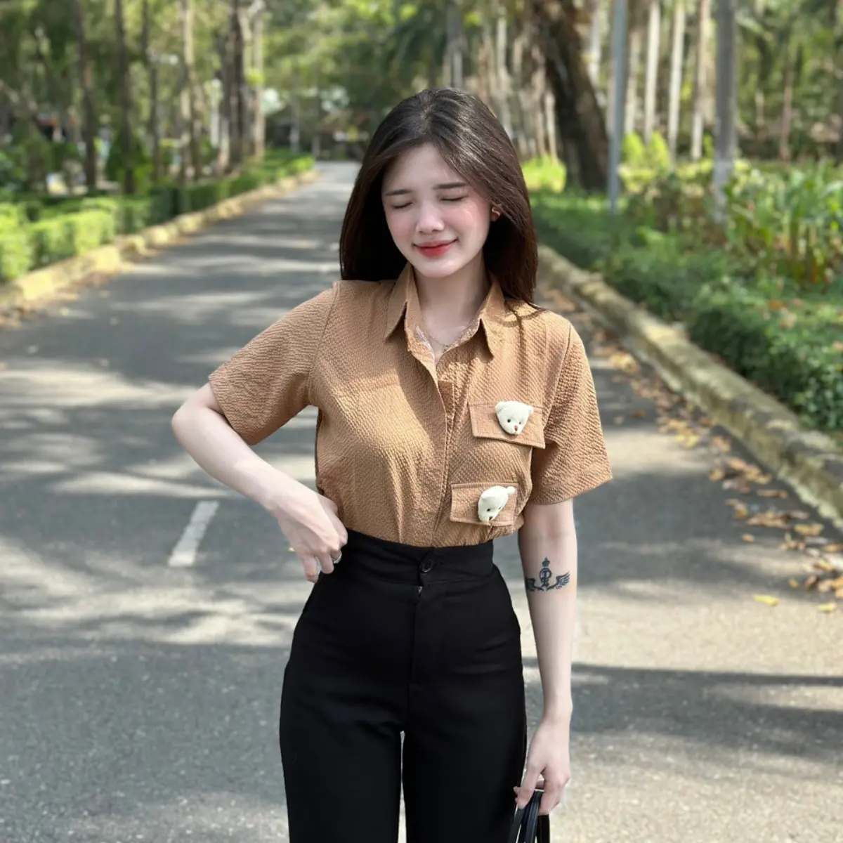 Áo sơ mi nữ tay ngắn croptop chất đũi xốp PLA233