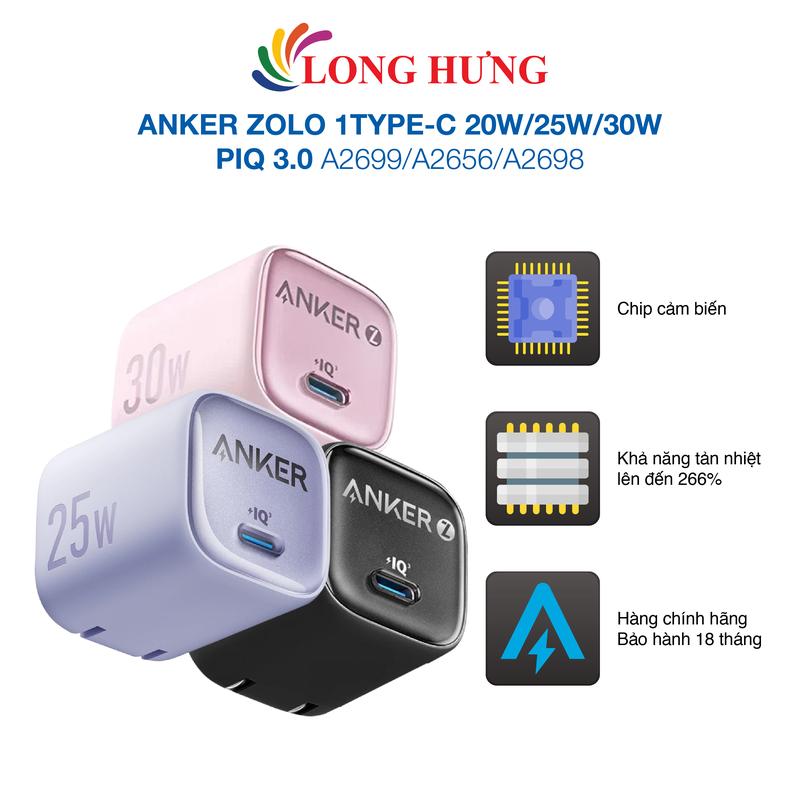Cốc sạc Anker Zolo 1Type-C PIQ 3.0 20W A2699/25W A2656/30W A2698 - Hàng chính hãng