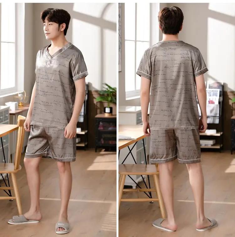 Product Introduction of Men's Pajamas Summer Fashion V-Neck Thin Ice Silk Short-Sleeved Shorts Nightie Two Piece 2024 New Boys Casual Sleepwear Nightie 25