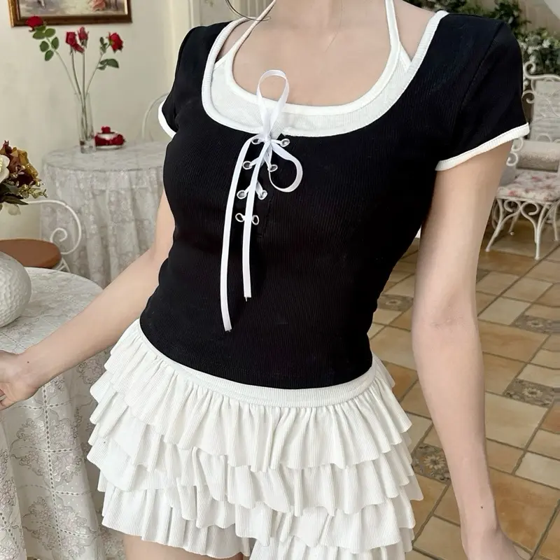 [Tặng kèm vòng handmade]- DANNI TOP ÁO YẾM PHỐI TRẮNG ĐEN BASIC NĂNG ĐỘNG