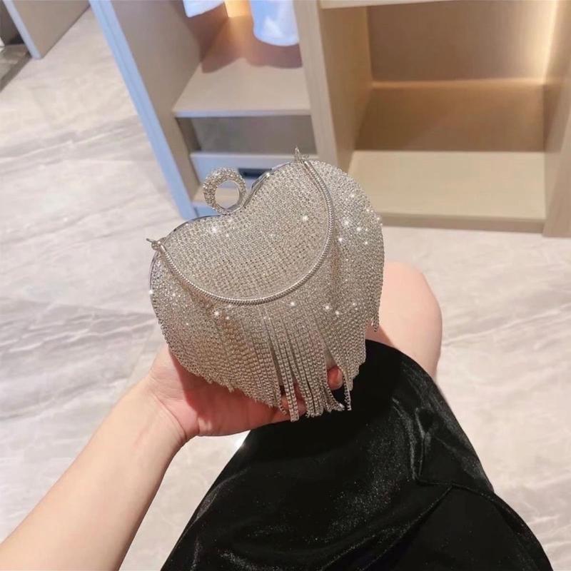 Cốp Trái Tim Đính Đá Tua Rua Xinh Đẹp, Mã Tt1, Túi Đi Tiệc Hình Trái Tim Sỏ Ngón Có Vai Cầm Tay Cốp Trái Tim Đính Đá Tua Rua - Nhung Da Nữ Clutch Kem Lady Đồng Bag