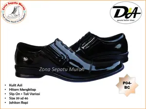Sepatu pdh P04BC Kulit Asli Hitam Mengkilap Slip On Tali Variasi Size 39-45 Sol Rubber High Quality Oil Resistance