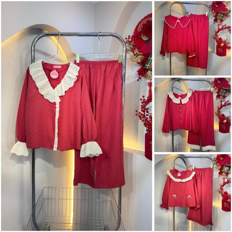 Đồ Bộ Nữ Chất Vải Đũi Hoa Nhí Đỏ , bộ pijama đũi tiểu thư , bộ ngủ thu đông freesize 40-60kg [ Tổng Hợp Mẫu ] Women Nhung Voi  Kem 1
