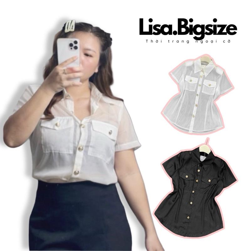 Áo sơ mi nữ big size Lisa.Bigsize tơ voan xuyên thấu cộc tay đệm vai đính cúc vàng cho nữ 55-90kg Shirt Top Voan Shirt Voi Women