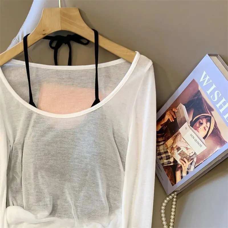 American Style Hot Girl Spring Summer Set Hollow Out Ruched Sunscreen Knitted Cover-Up Long Sleeve Camisole Thin Vest Two-Piece Set
