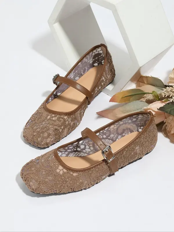 Women's Fashionable Lace Mary Jane Shoes, Casual Comfortable Breathable Flat Shoes for Summer, Female All-match Shoes for Daily Wear, Girl 5