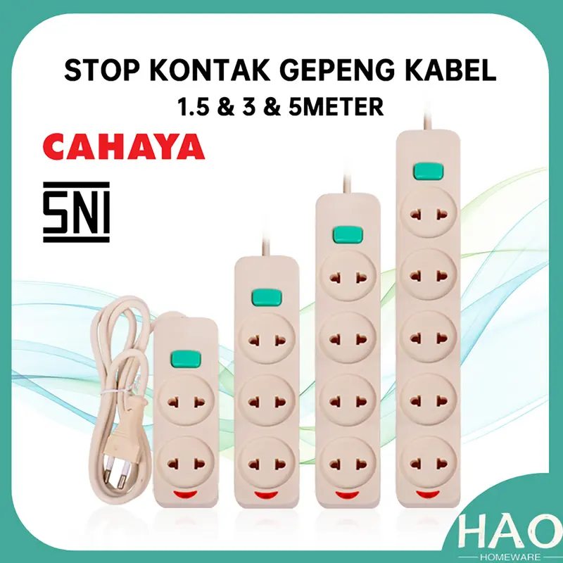 [HAO] Stop Kontak Kabel 2/3/4/5 Lubang&1.5/3M/STOP KONTAK GEPENG SNI/CAHAYA SC-752/3/4/5 Saklar 7