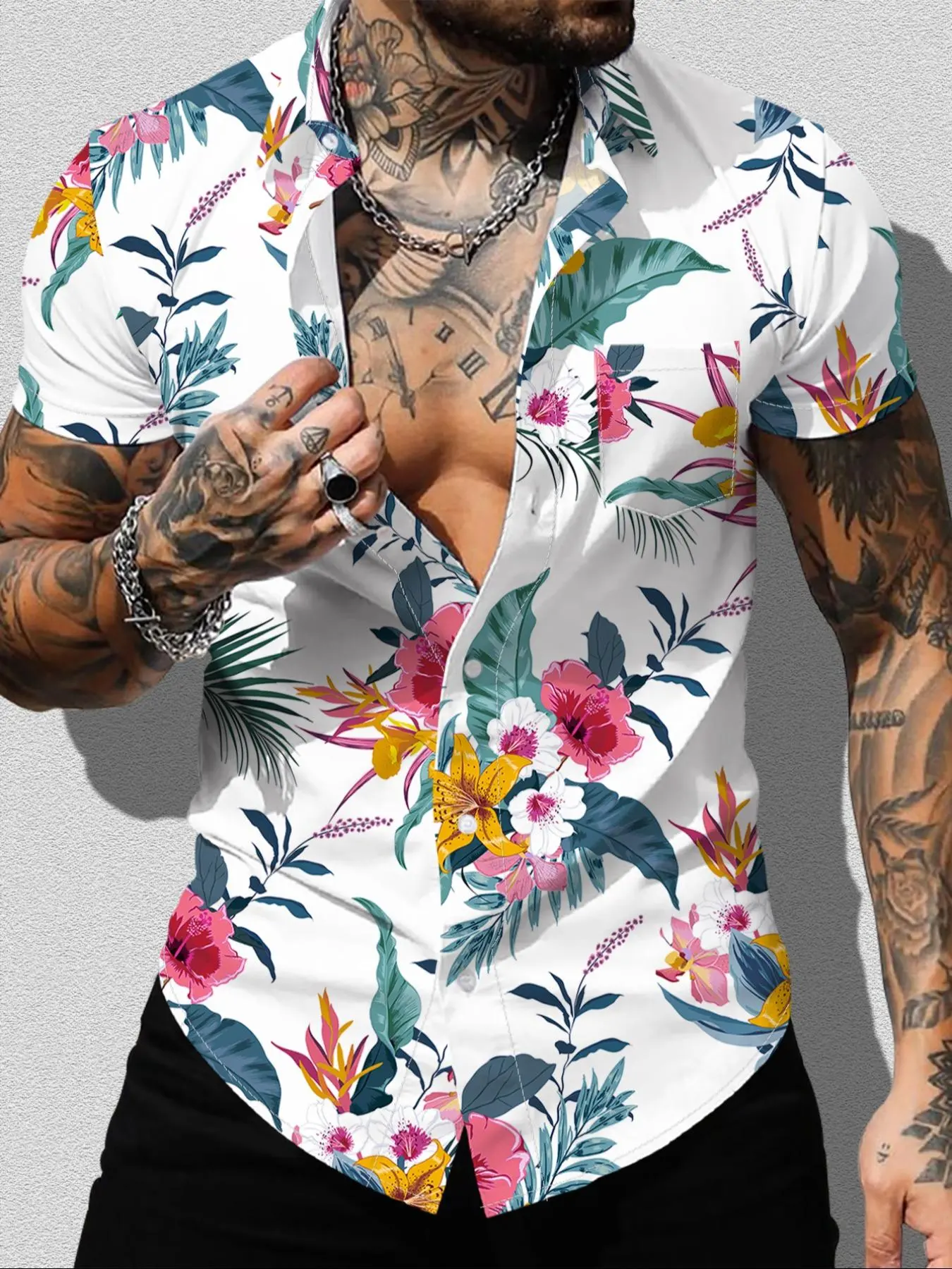 Men's Regular Fit Floral Leaf Print Pocket Button Front Shirt, Tropical Print Short Sleeve Collar Shirt, Boho Casual Men's Top for Summer Beach Vacation