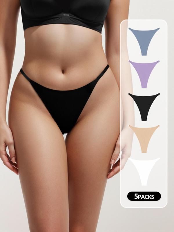 Women's 5pcs Solid Drop Waist Thong, Casual Comfy Breathable Panty for Daily Wear, Women's Knickers for All Seasons 2