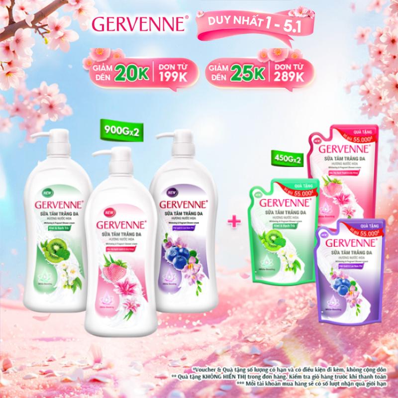   DUY NHẤT 1-5.1  TẶNG 2 TÚI 450G  Combo 2 Sữa Tắm Dưỡng Da Hương Nước Hoa cho nữ Gervenne 900g + Túi Sữa Tắm   Mùi Ngẫu Nhiên  450g 