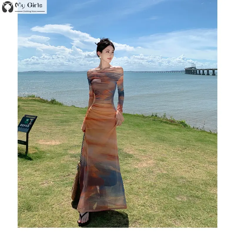 Pakaian Kasual, Gaya Perancis, Gadis Panas, Cetakan Pewarna Matahari Terbenam, Kolar Ayunan, Bahan Jaringan, Slim Fit, Rekaan Elegan, Sesuai untuk Wanita, Pakaian Percutian Dipasang, Sesuai untuk Pakaian Perempuan Casual Lengan Casual Lengan
