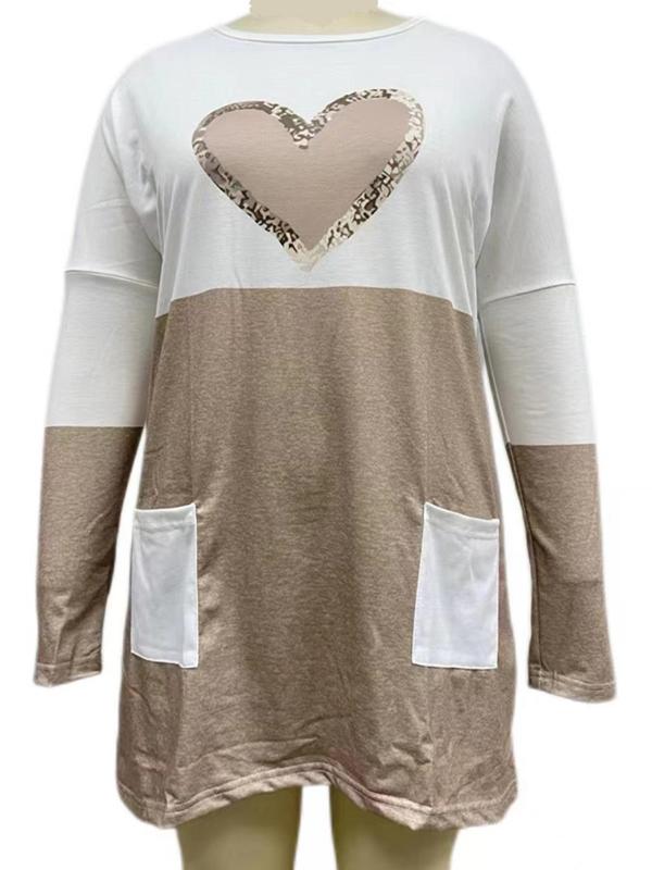 Plus Size Women's Heart & Patchwork Print Drop Shoulder Dress, Casual Round Neck Pocket Longline Tee, Women's Plus Clothing for Fall & Winter 4