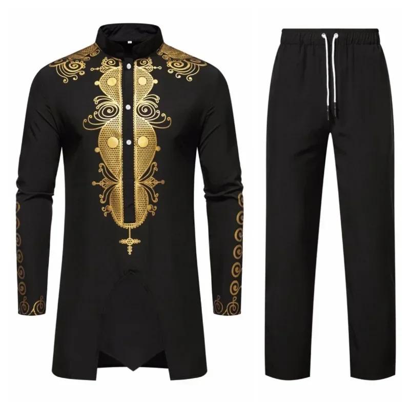 Product Introduction of New Personality Men's Long Sleeve Shirt Sets Leisure Dinner Print Design Medium Long Clothes for Men 10