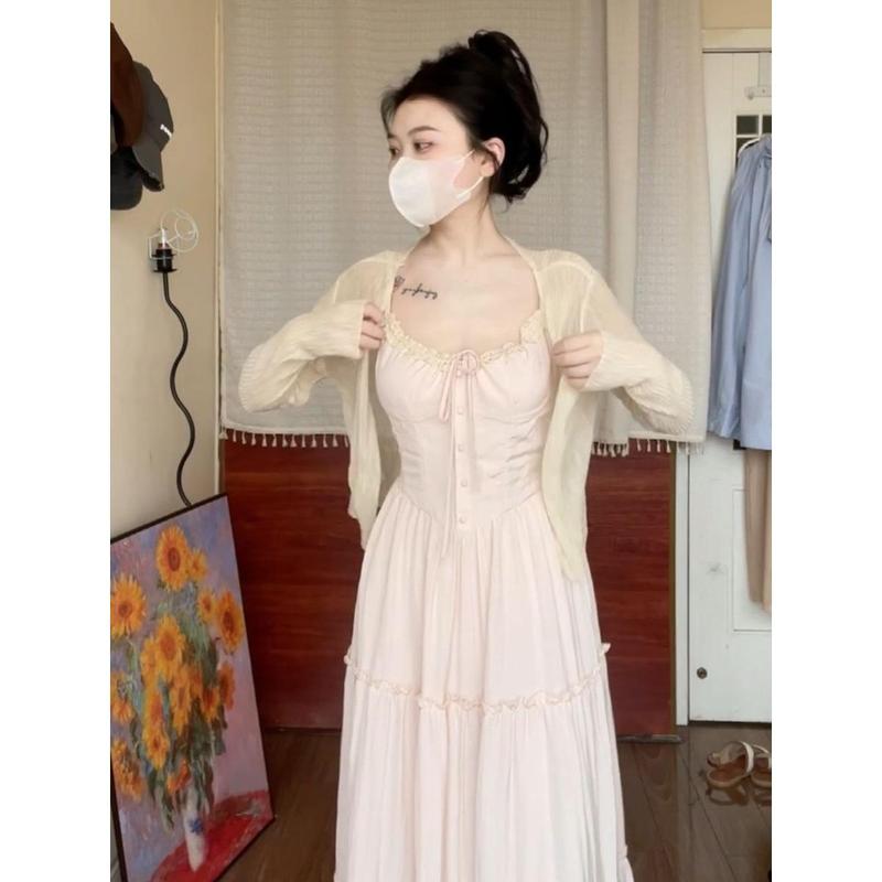 Bộ Đồ Nhẹ Nhàng, Áo Khoác Cardigan Mùa Hè Cho Nữ, Váy Hai Dây Bó Sát Eo, Váy Dài, Bộ Đồ Hai Mảnh 1