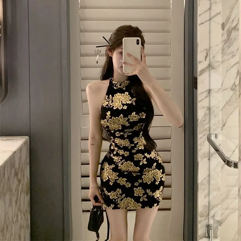 Váy Cổ, Phong Cách Cổ Điển Bronzing Đen, Váy Ngắn Bó Sát Trung Quốc Mới Mùa Hè Cho Nữ, Váy Bodycon, Thể Hiện Vòng Eo Và Thân Hình