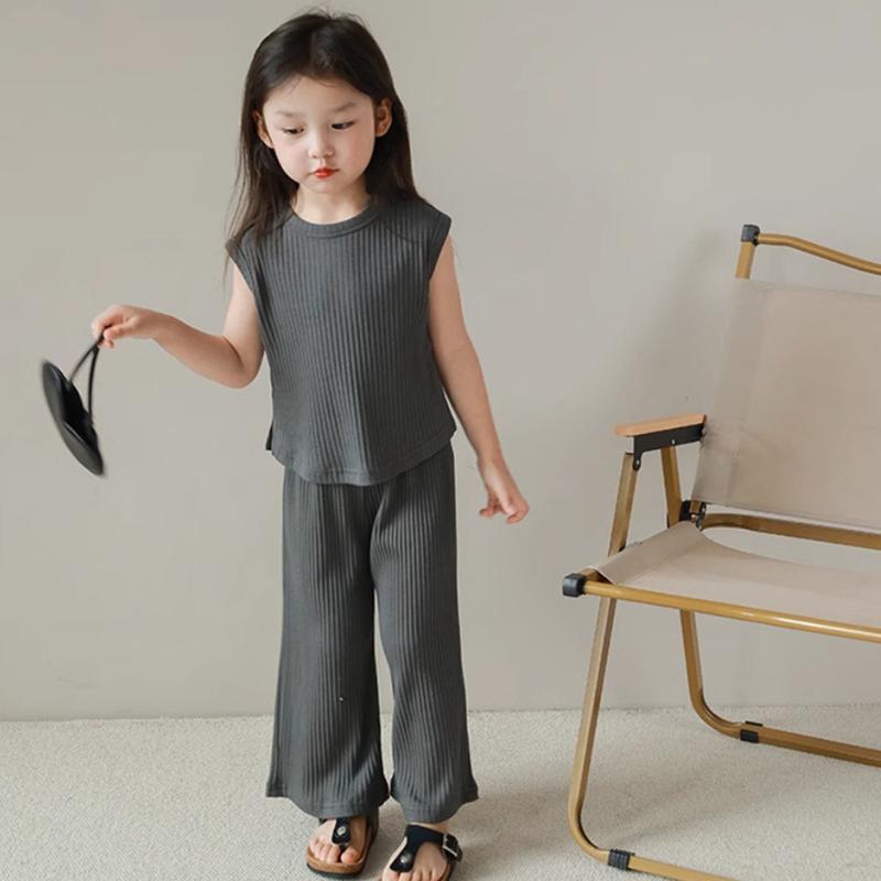 Bear Leader Summer Solid Color Baby Girls Casual Clothing Sets Sleeveless Round Neck T-shirt Top and Wide Leg Pants Suit 2-7 Years Old Pit Striped Kids Clothes 5