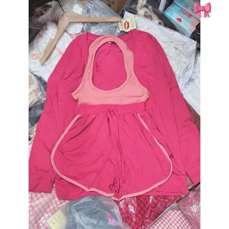 Sét bộ 3 món áo tay dài quần đùi chính chủ hình thật dưới 60kg Nữ Women Top Thun Tre Nhung 7