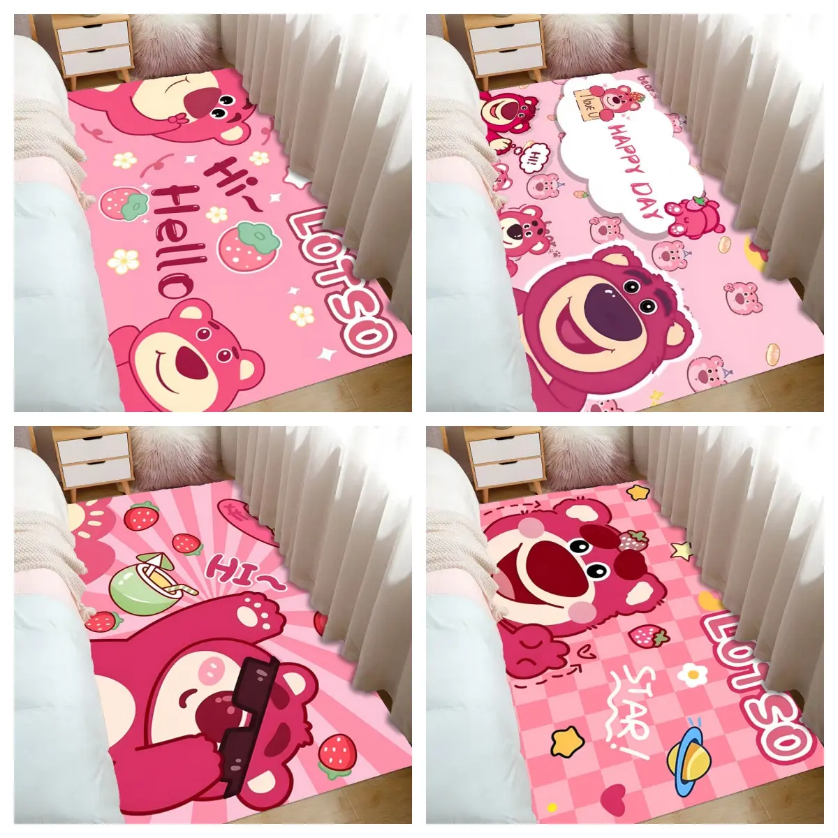 Indoor Area Rugs for Kids Girls Lotso the Hugging Bear Strawberry Bear Bedroom Bedside Rug Cartoon Welcome Mats Bath Mat Carpet for Living Room, Kids Playroom, Entryway, Laundry