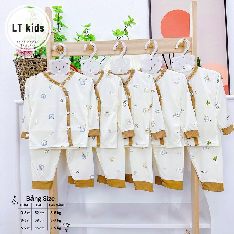 Combo 3-Combo 5 Bộ quần áo dài tay chất tăm lạnh Hàn quốc, bảng màu kem cho bé trai và bé gái, size sơ sinh 3-9kg 1