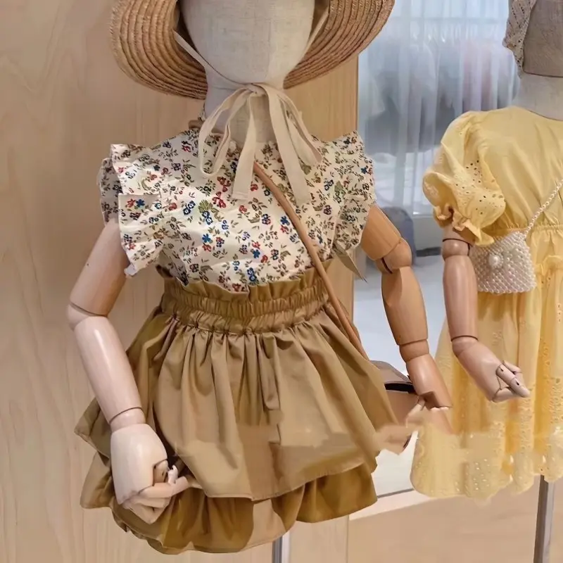 Ready Versi Korea Anak-Anak Menetapkan Musim Panas Baru Lengan Bunga Top Flower Budle Shorts Two-Piece Set Gadis Kecil dan Menengah Fashion T23