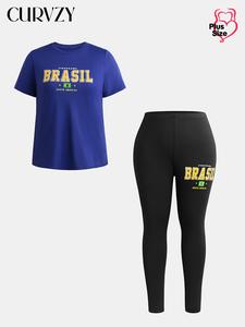 CURVZY Plus Size Autumn Aesthetic Letter Print Tee & Elastic Waist Pants Two-Piece Set, Casual Tummy Control Short Sleeve Round Neck T-shirt & Skinny Trousers for Daily Wear, Women's Two-piece Outfits for All Seasons