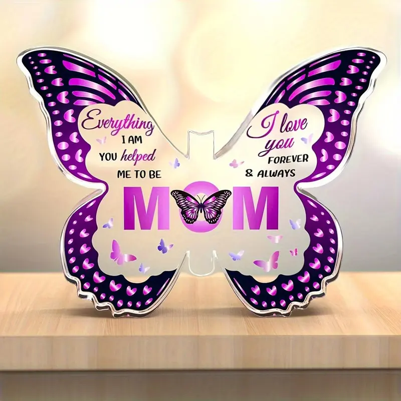 Butterfly Shaped Acrylic Ornament, Butterfly & Letter Pattern Decorative Plaque, Creative Gift for Mom, Desk Ornament for Home and Office 0