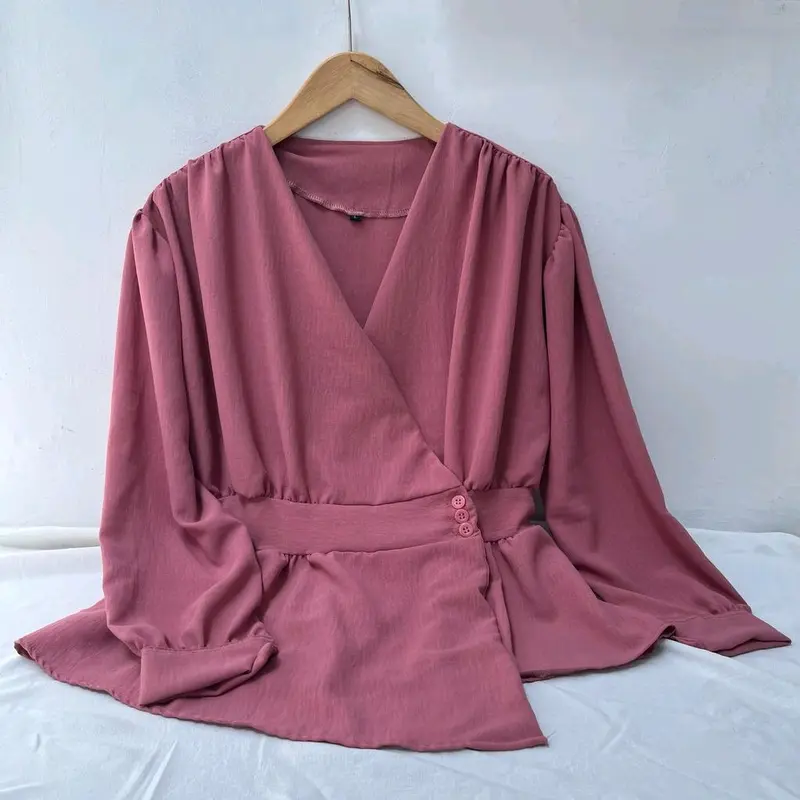 Nuansa Blouse Wanita Jumbo - Atasan Kimono Wanita Big Size - Korean Style - UKURAN S M L XL XXL XXXL 5L - V-Neck - Polos - Hitam  Crinkle Busui Nyaman Airflow Kancing Oversize Serut Casual kemeja  korean style 5
