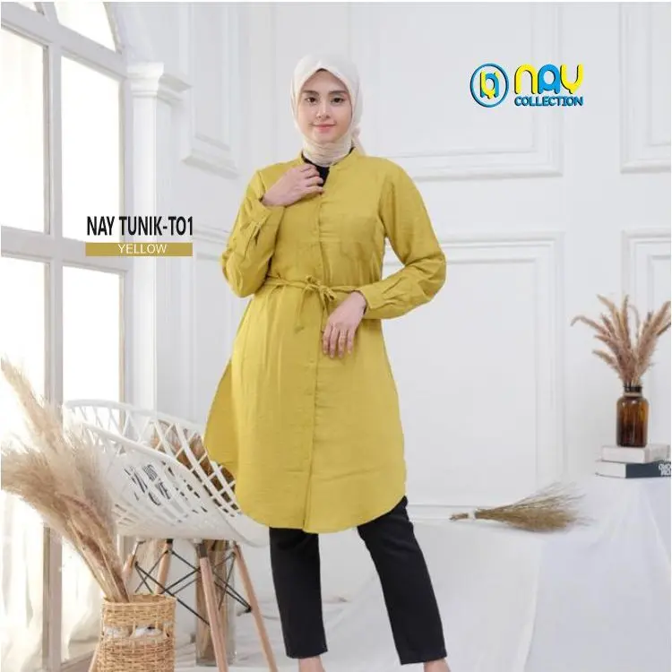 NAY TUNIK-T01 Baju Atasan Wanita Muslimah Tunik Polos Polo Linen Kancing Panjang Katun Rayon Oversize Simple Basic 0